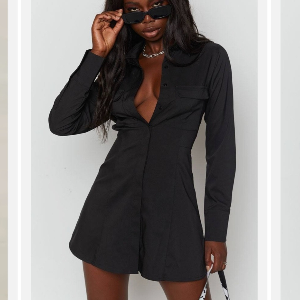 Black Belted Dress Roll Tab Sleeve Full Front Button Stretch Shirt Dress Express